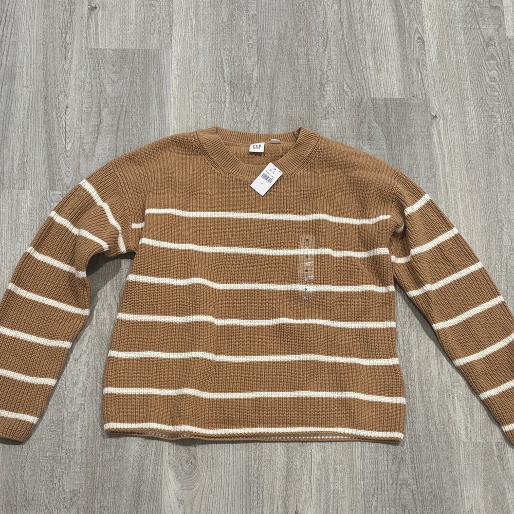 GAP Women's Tan and Cream Striped Crewneck Sweater, size Small NWT